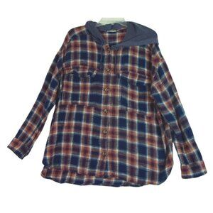 Kohl's So Boyfriend Hooded Flannel Shirt Womens Juniors‎ XL Blue Relaxed